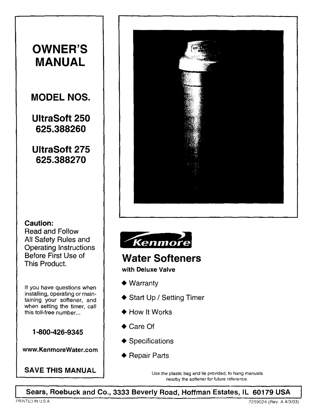 Kenmore 625.38827, 625.38826 owner manual Owners Manual 