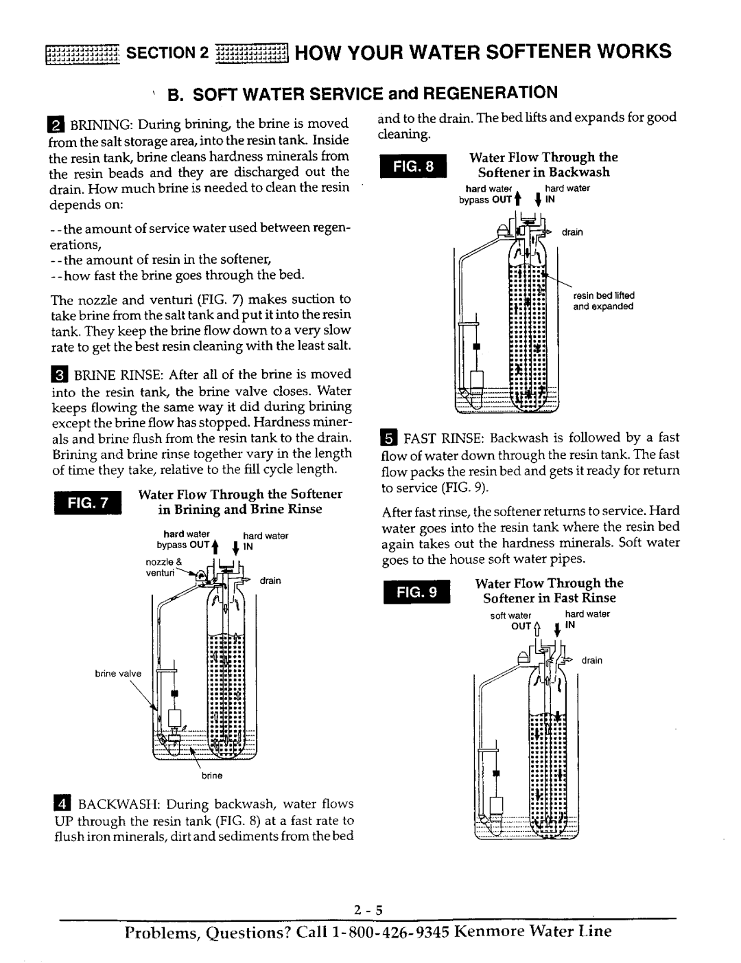 Kenmore 625.38826 Water Flow Through Softener in Backwash, Water Flow Through the Softener Brining and Brine Rinse 