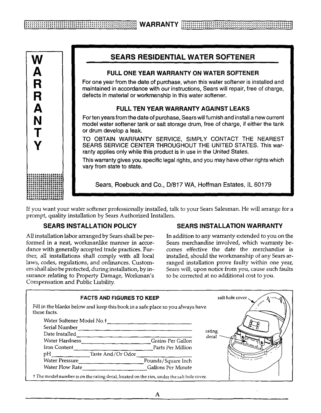 Kenmore 625.38826, 625.38827 owner manual Sears Residential Water Softener, Facts and Figures to Keep 