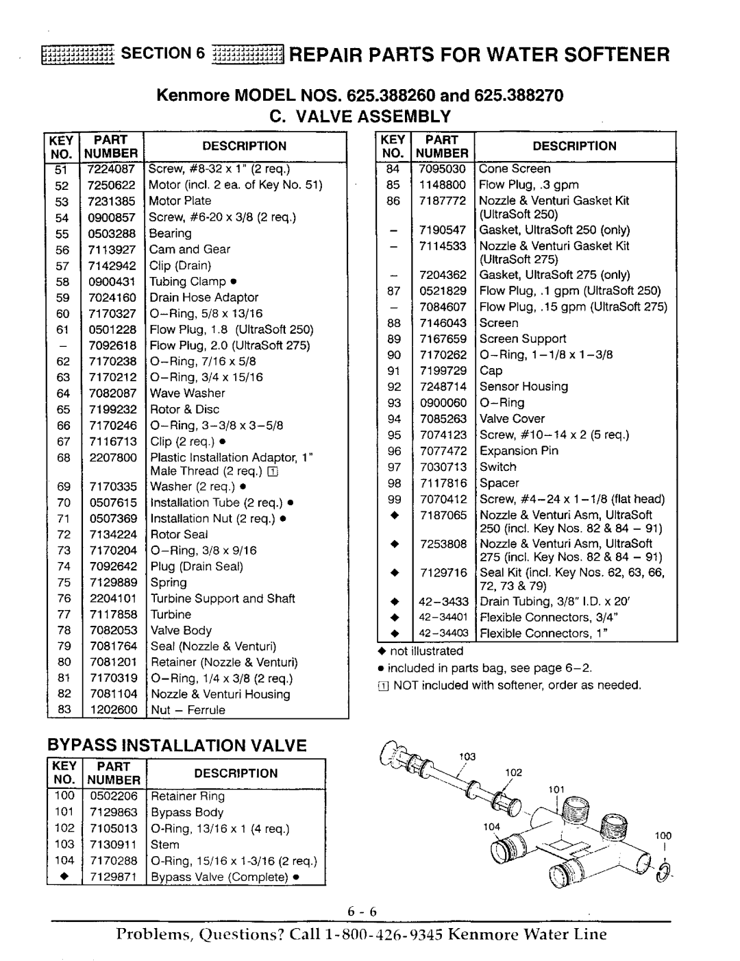 Kenmore 625.38827, 625.38826 owner manual Valve Assembly, Bypass Installation Valve, KEY Part Description Number 