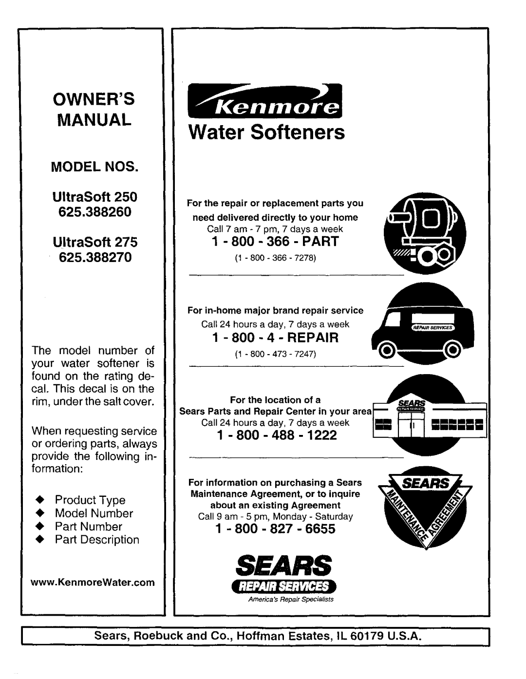 Kenmore 625.38826, 625.38827 owner manual Sears 