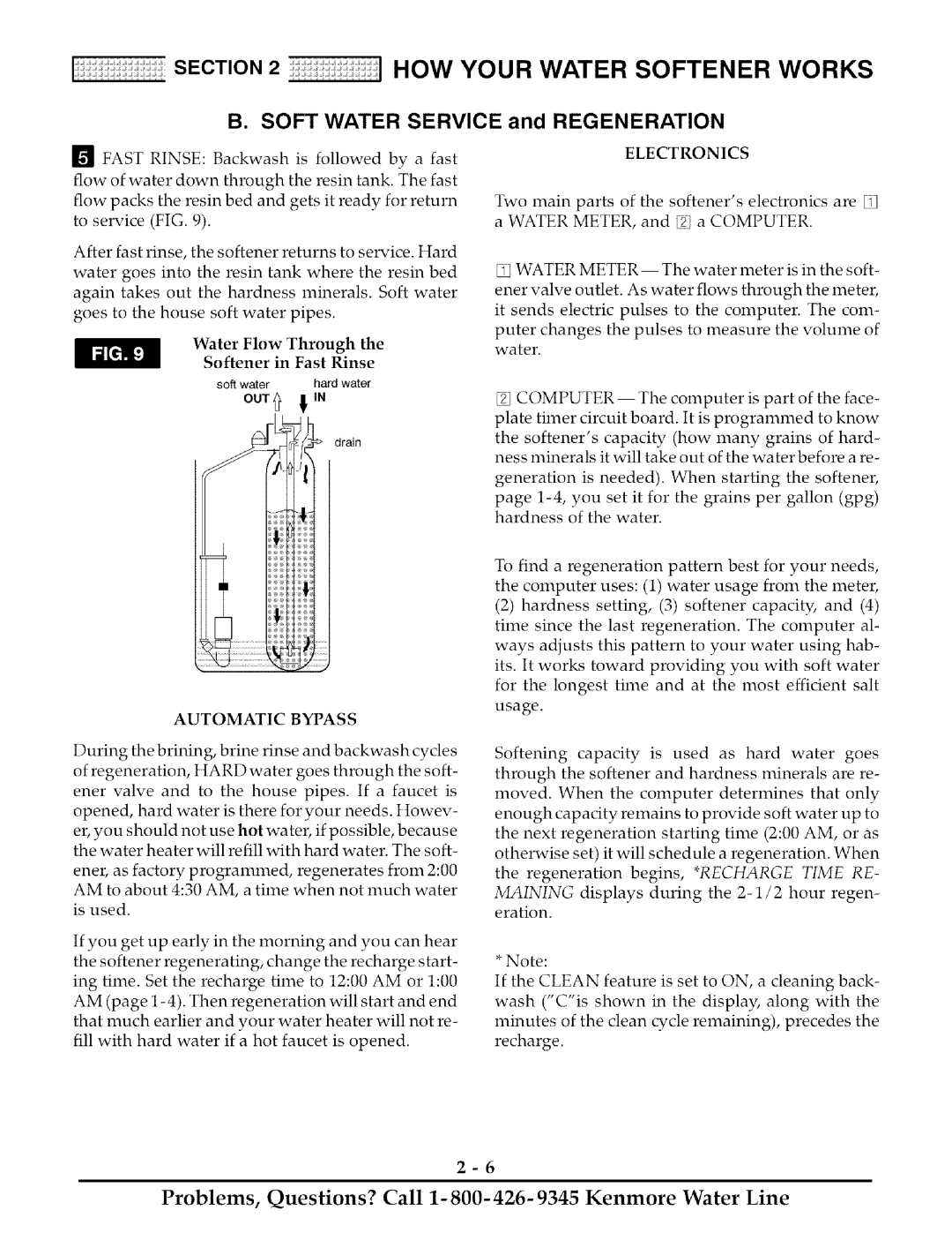 Kenmore 625.38888 owner manual Water Flow Through Softener in Fast Rinse, Electronics, Automatic Bypass 