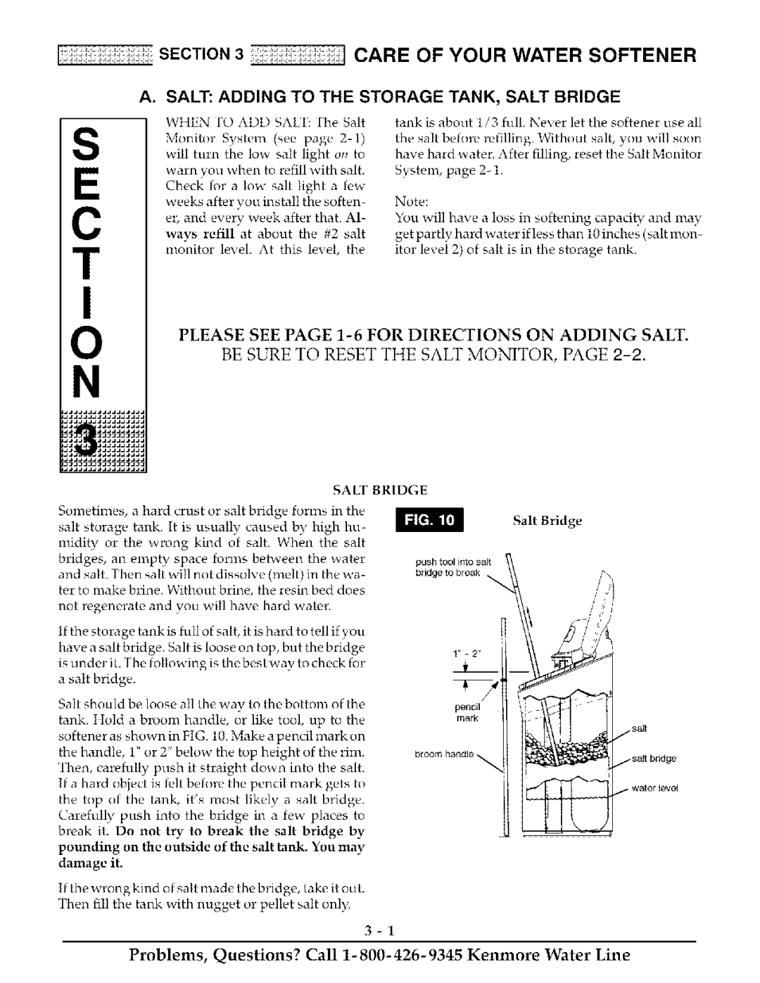 Kenmore 625.38888 owner manual Salt Adding to the Storage TANK, Salt Bridge 