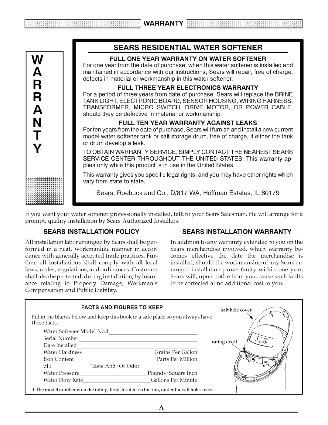 Kenmore 625.3888 Sears Residential Water Softener, Full ONE Year Warranty on Water Softener, Facts and Figures to Keep 