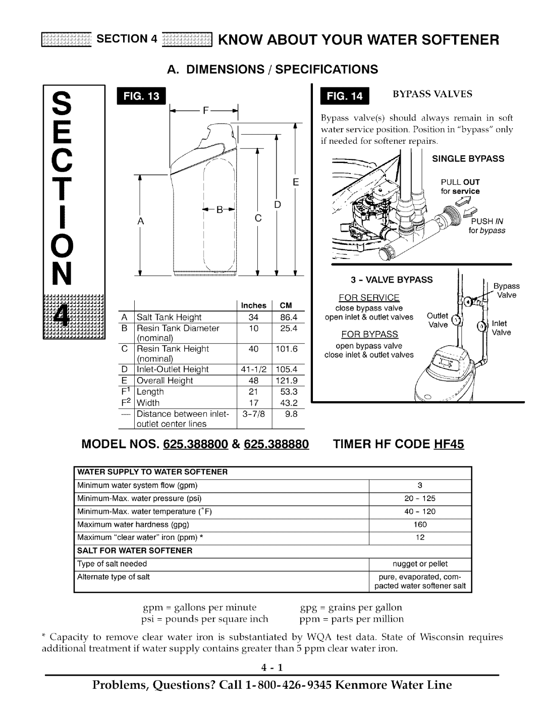 Kenmore 625.38888 owner manual Dimensions / Specifications, Bypass Valves, Single Bypass, Valve Bypass 