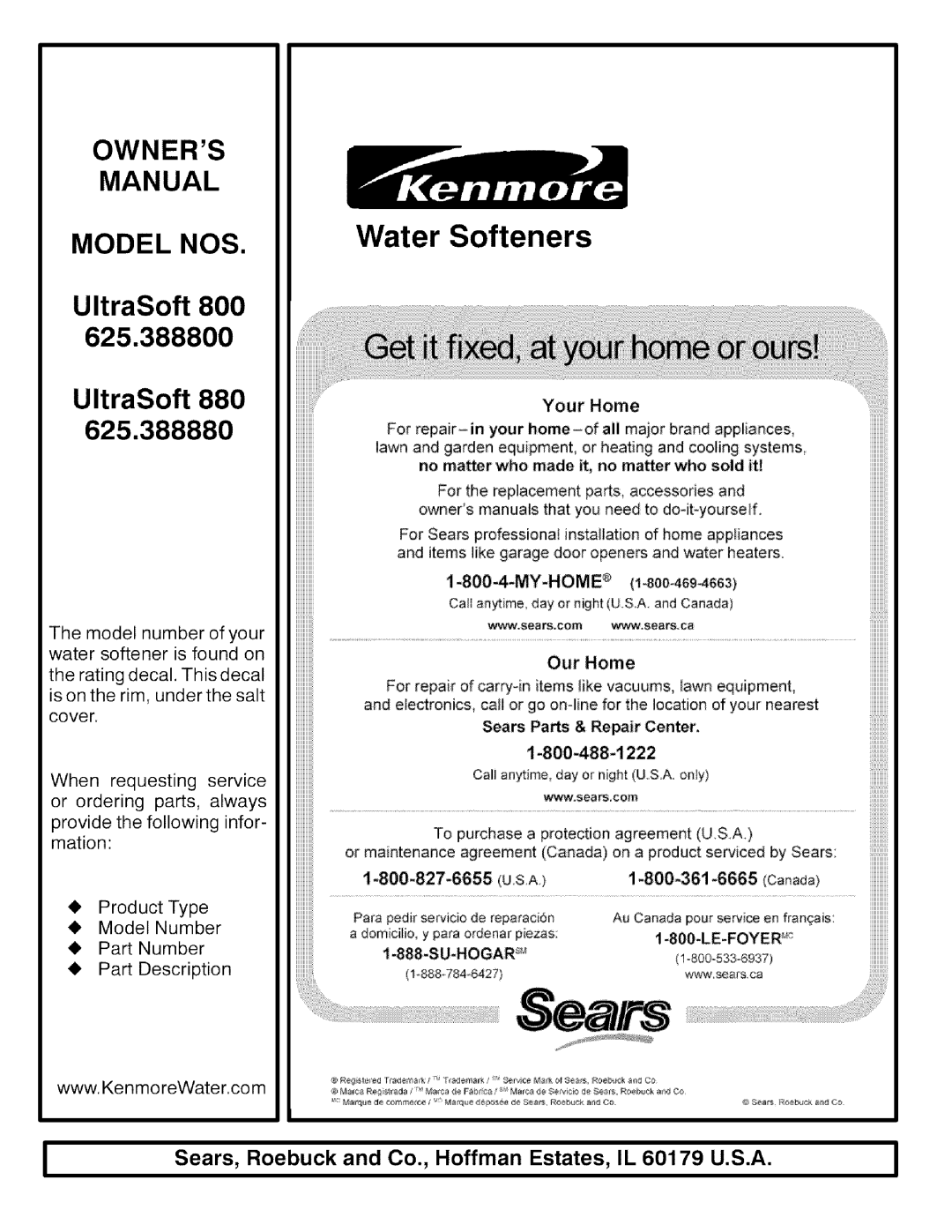 Kenmore 625.38888 owner manual Water Softeners 