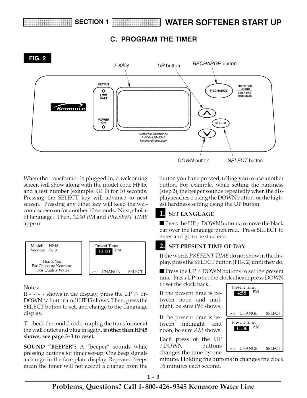 Kenmore 625.38888 owner manual Program the Timer, SET Language, SET Present Time of DAY, Down 