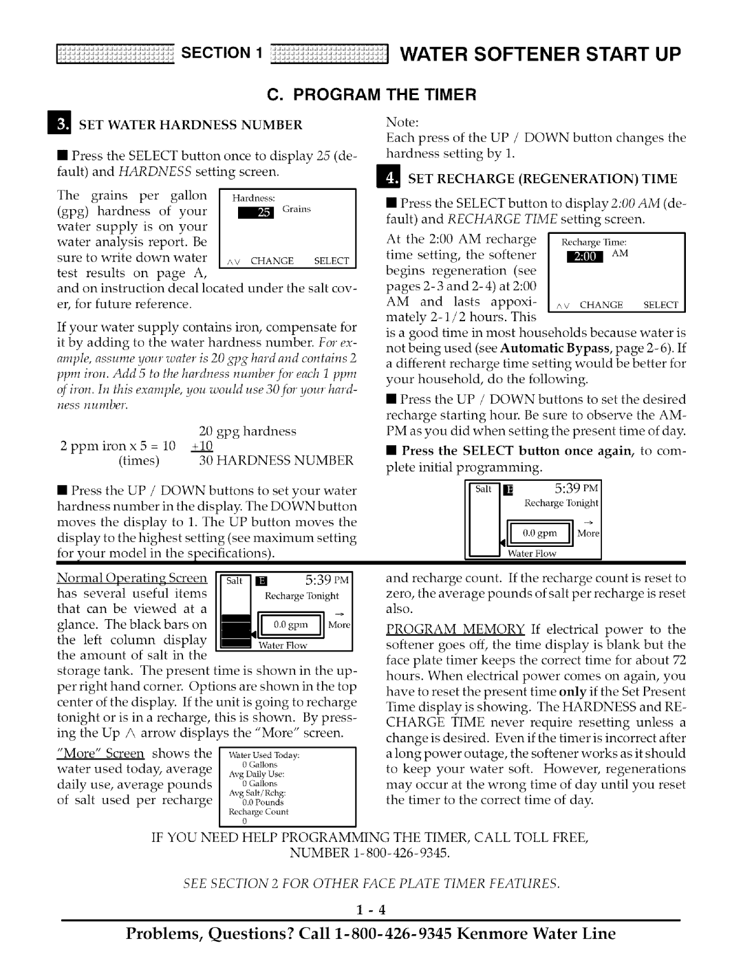 Kenmore 625.38888 owner manual SET Water Hardness Number, SET Recharge Regeneration Time, Change Select 