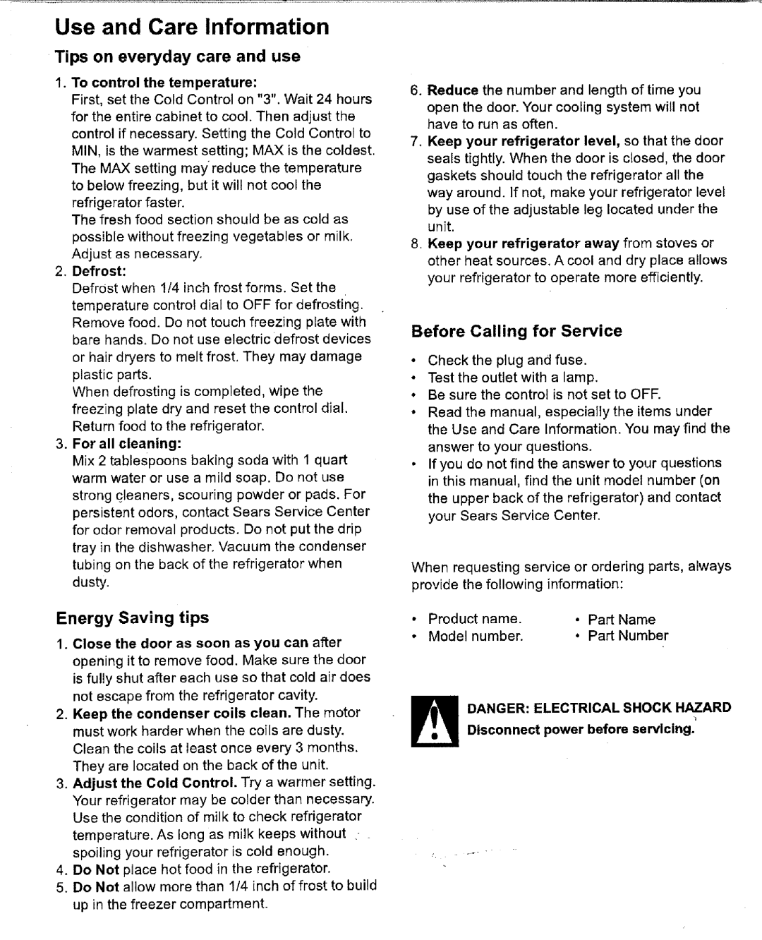 Kenmore 62912 Use and Care Information, Tips on everyday care and use, Energy Saving tips, Before Calling for Service 