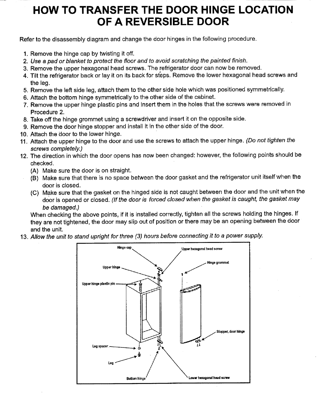 Kenmore 62912 warranty HOW to Transfer the Door Hinge Location A Reversible Door 