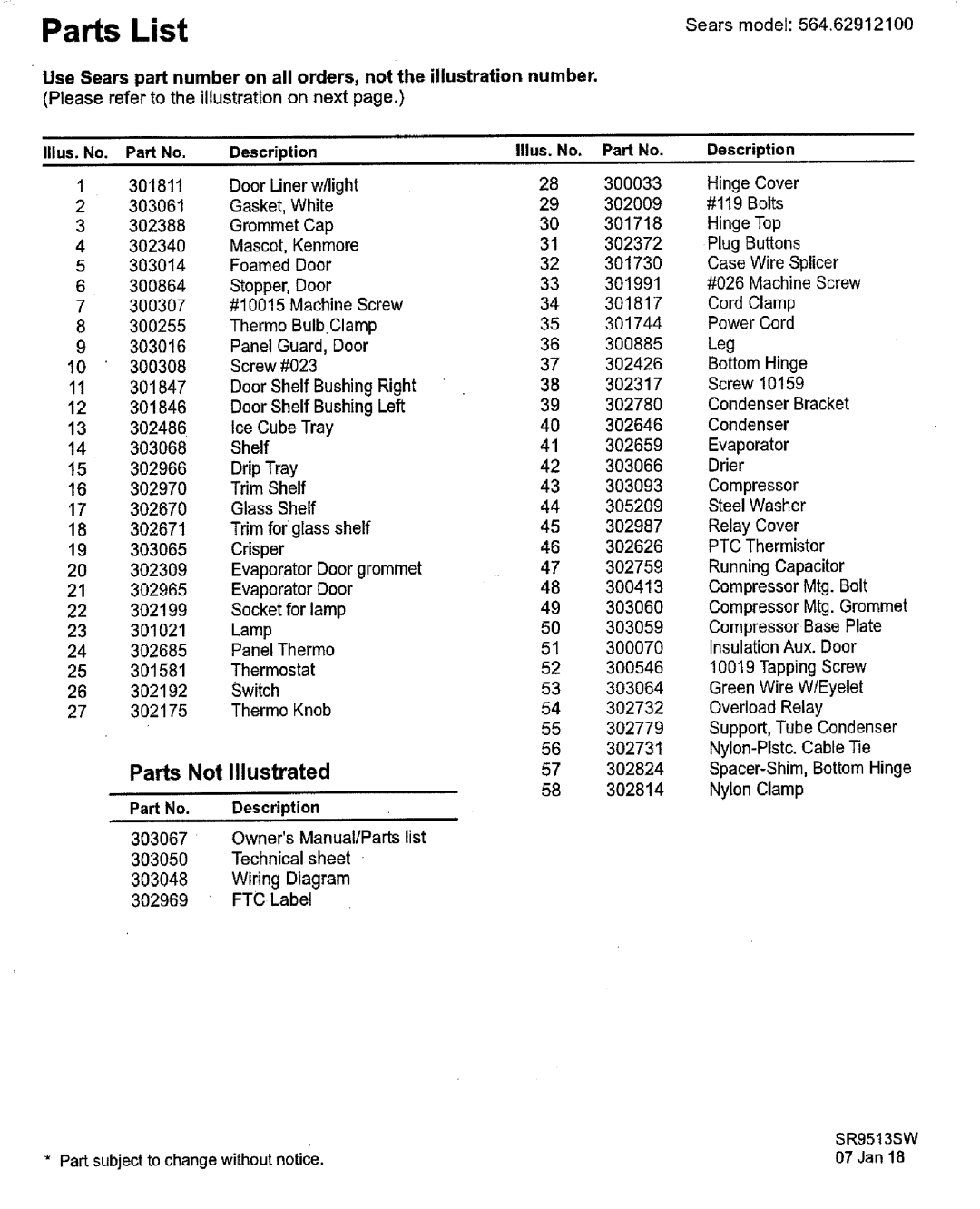 Kenmore 62912 warranty Parts List, Parts Not Illustrated, Description 