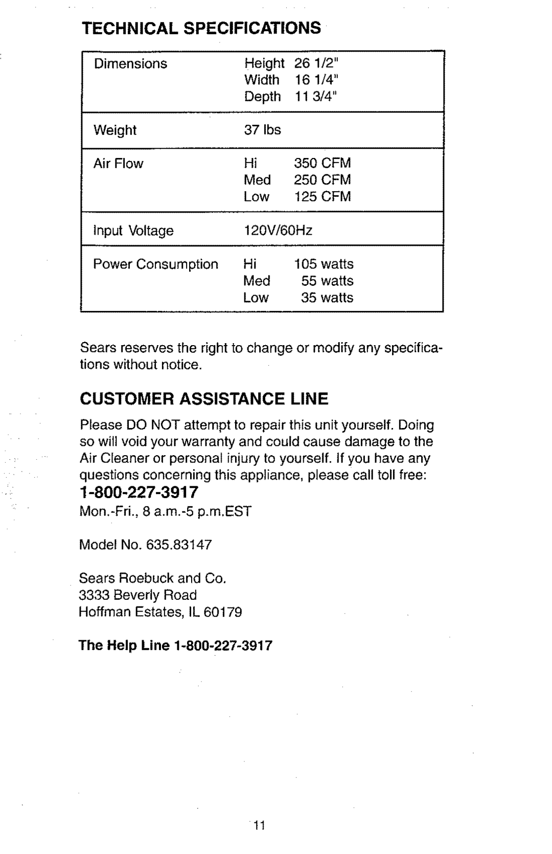 Kenmore 63, 583, 147 owner manual Technical Specifications, Customer Assistance Line, Width, Help Line 