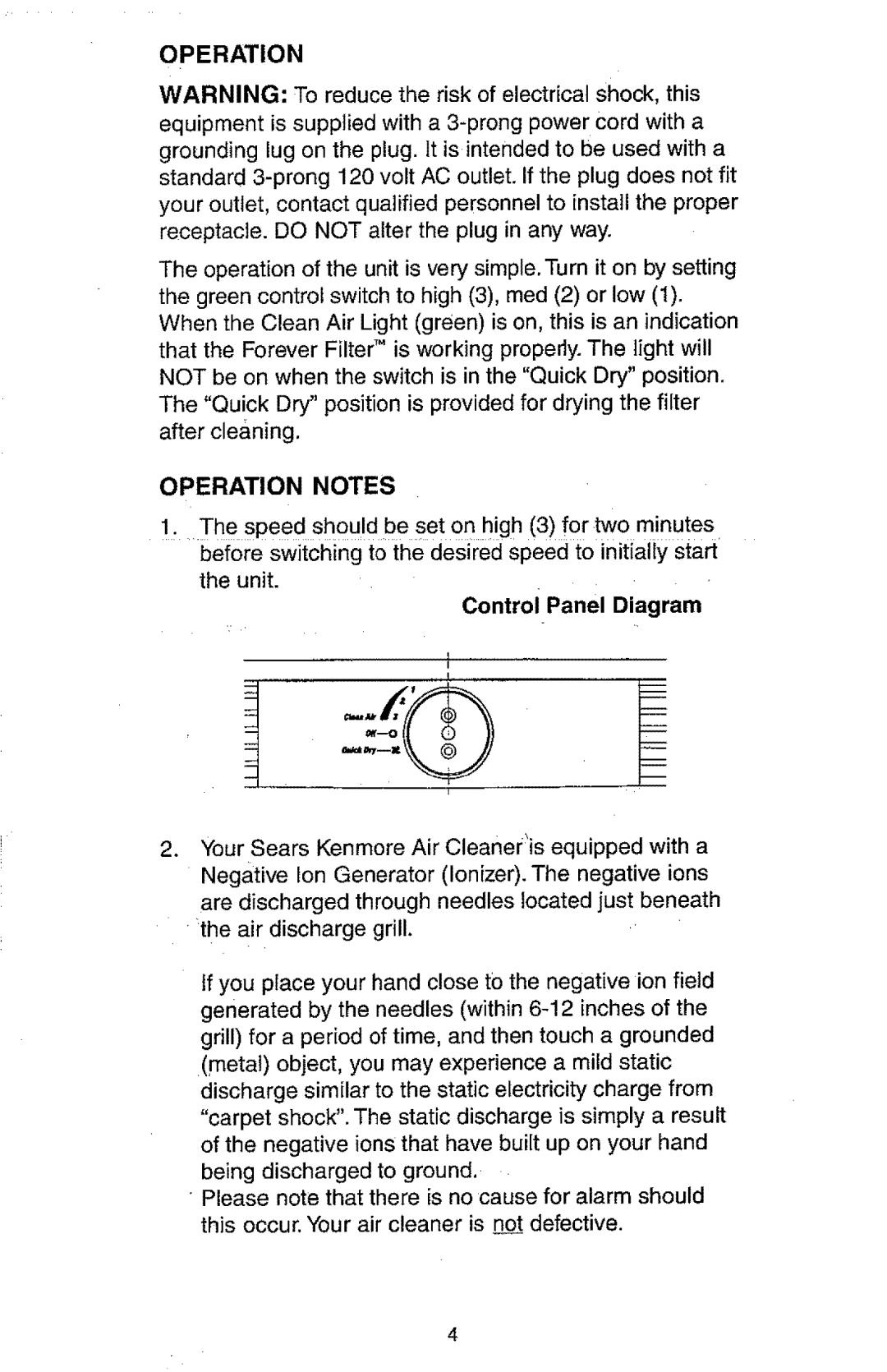 Kenmore 147, 63, 583 owner manual Operation Notes, Control Panel Diagram 