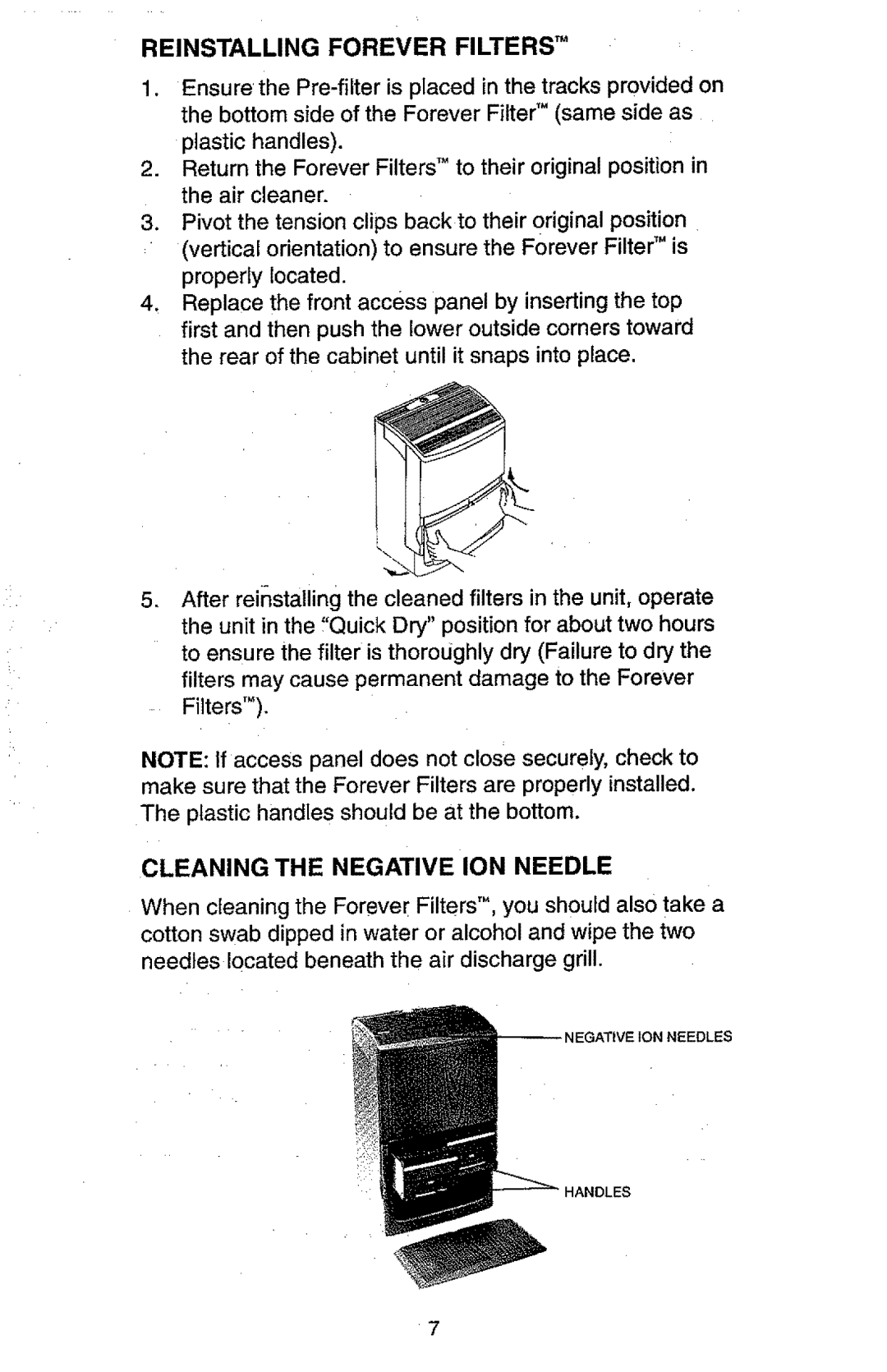 Kenmore 147, 63, 583 owner manual Reinstalling Forever Filters, Cleaning the Negative ION Needle 