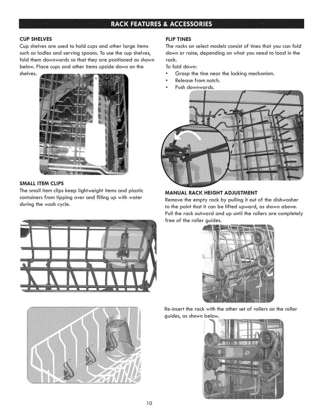 Kenmore 630.1391, 630.1390 manual CUP Shelves, Small iTEM Clips, Manual Rack Height Adjustment 