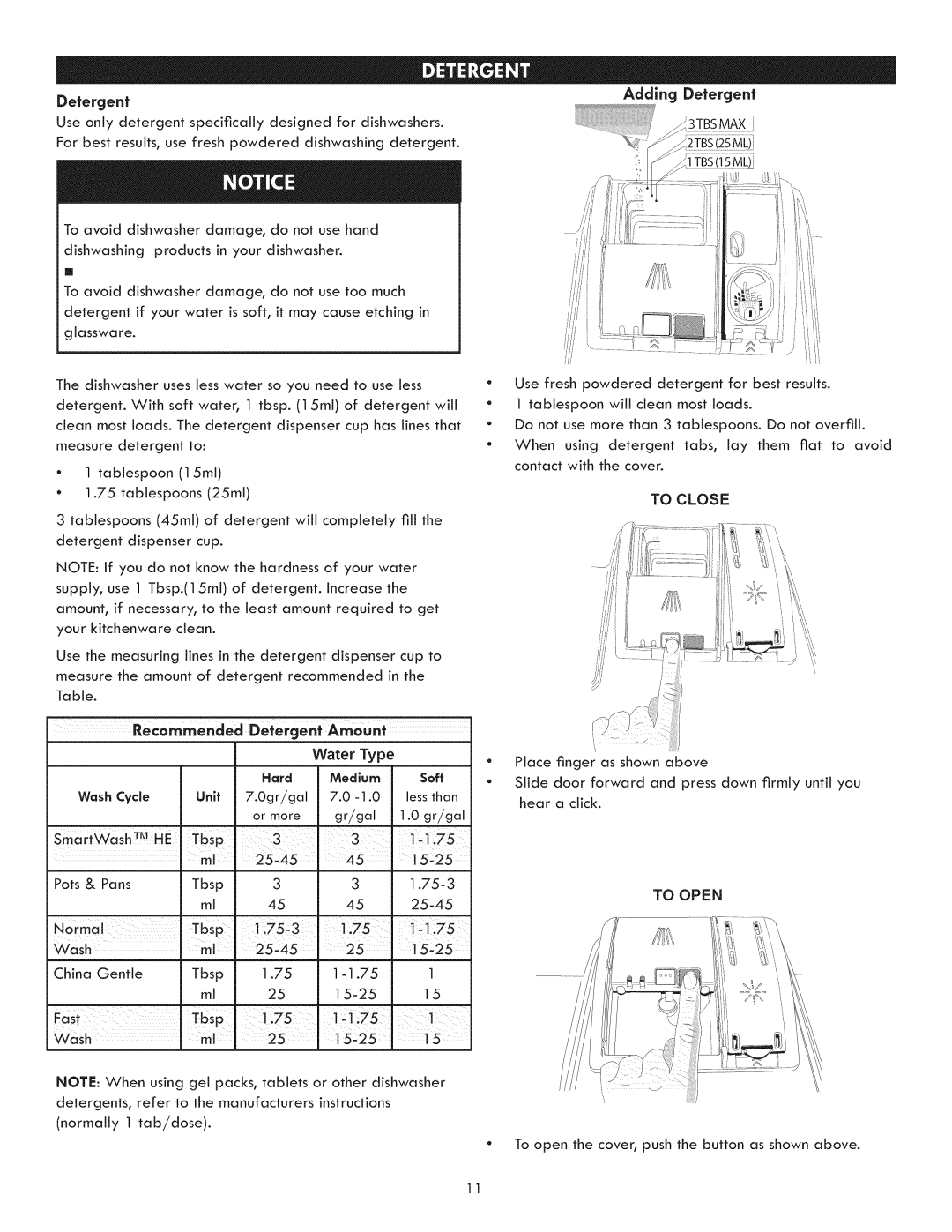 Kenmore 630.1390, 630.1391 manual Adding Detergent, 3TBSMAX, Water, Wash Cycle 