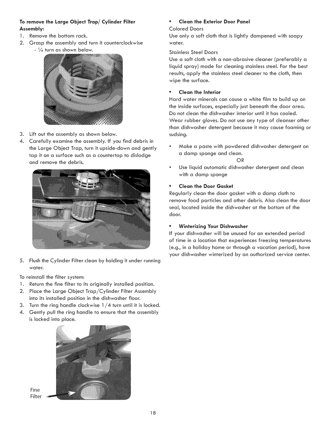 Kenmore 630.1391, 630.1390 Assembly, Clean the Exterior Door Panel, Clean the Door Gasket, Winterizing Your Dishwasher 