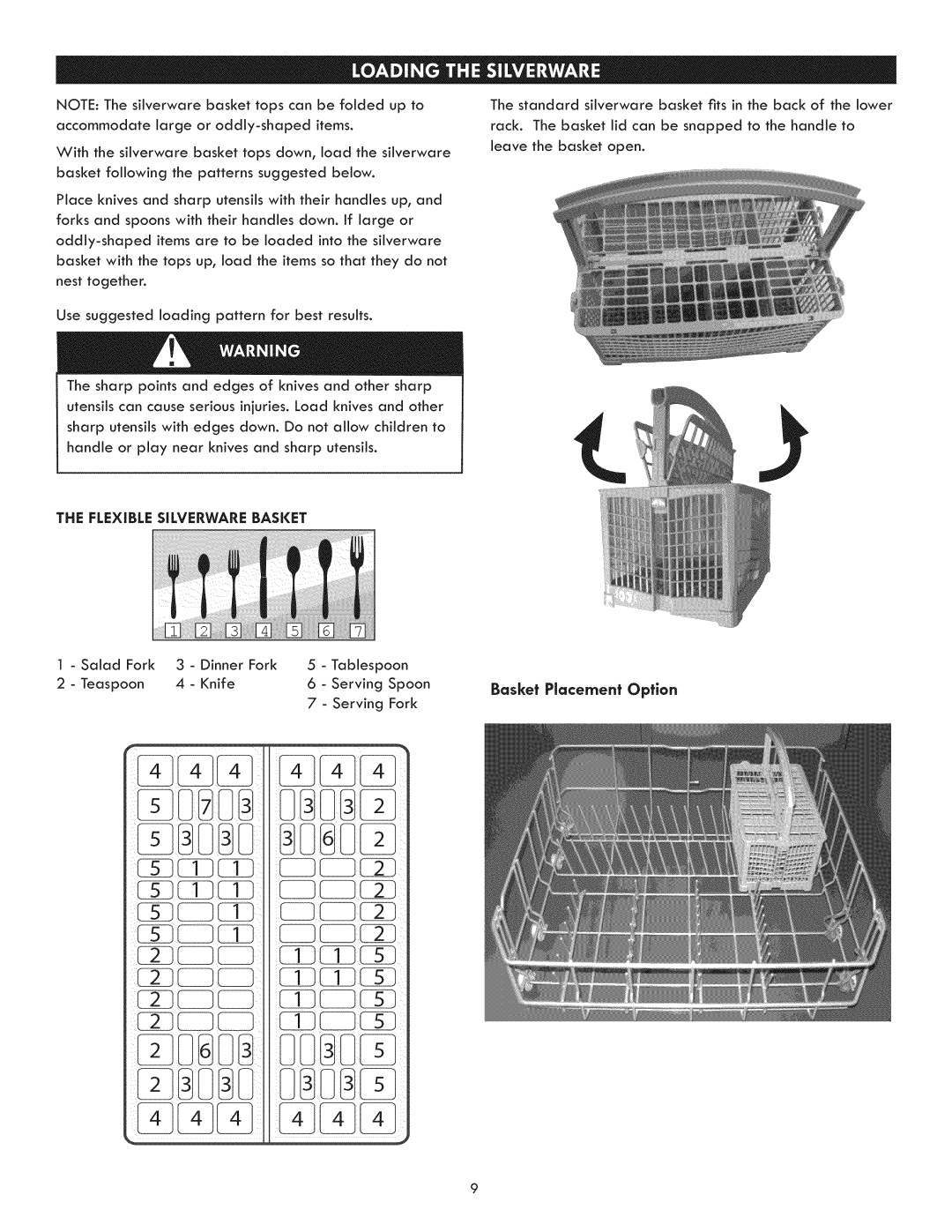 Kenmore 630.1390, 630.1391 manual The Flexible Silverware Basket, Basket Placement Option 