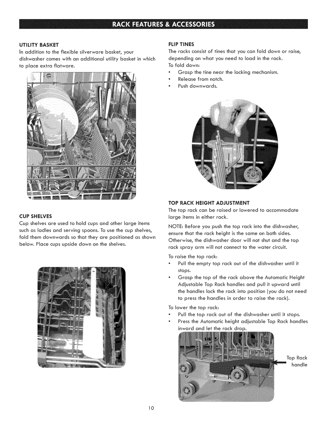 Kenmore 630.1395 manual Utility Basket, TOP Rack Height Adjustment 