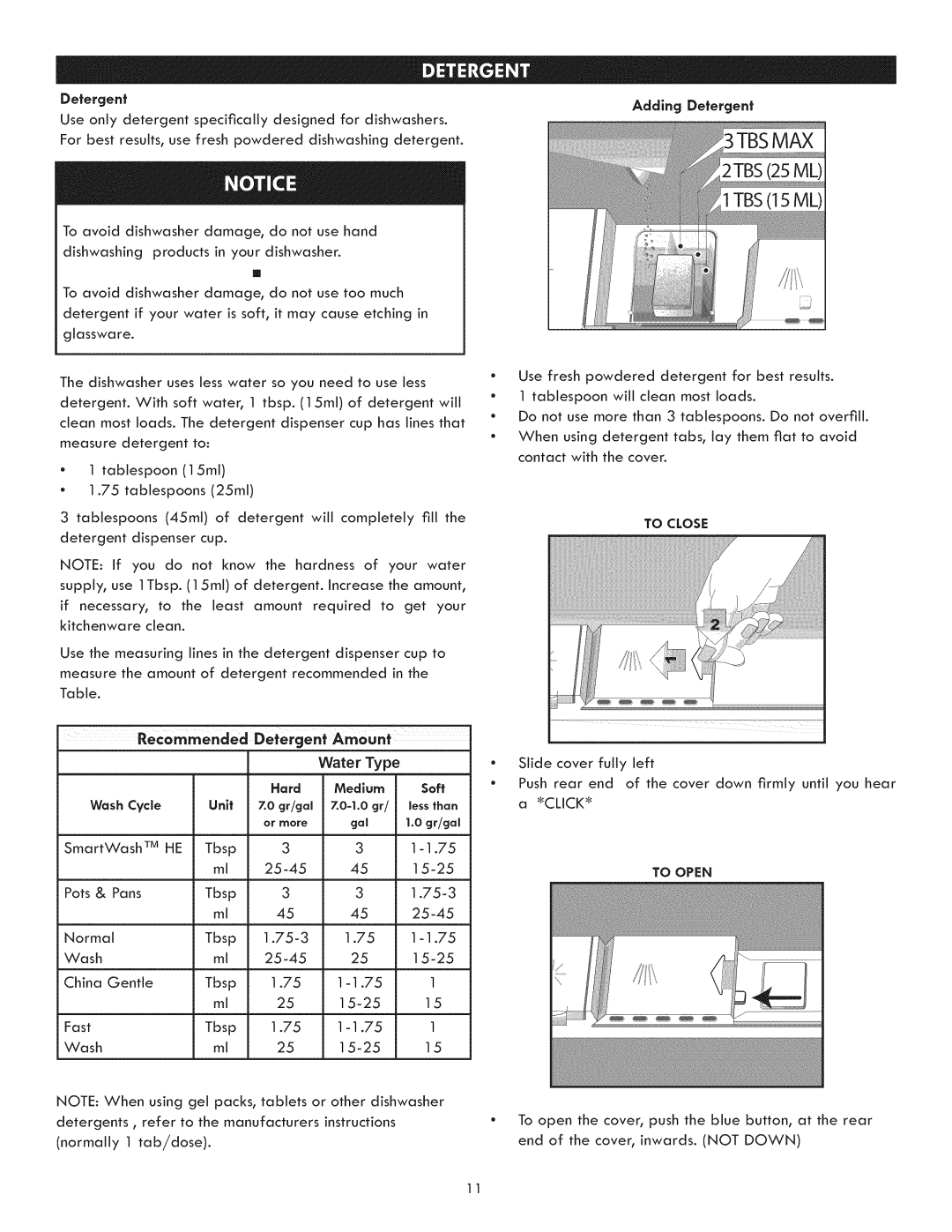 Kenmore 630.1395 manual Re¢ommencled Detergent Amount Water Type, Adding Detergent 