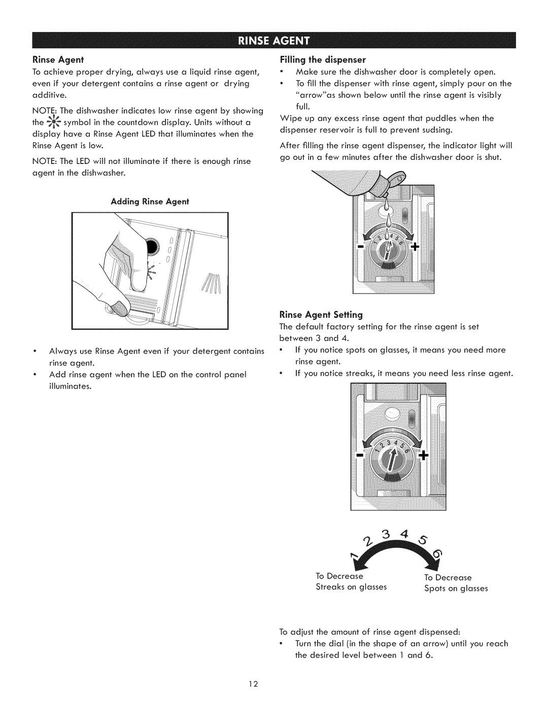 Kenmore 630.1395 manual Filling the dispenser, Adding Rinse Agent, Rinse Agent Setting 