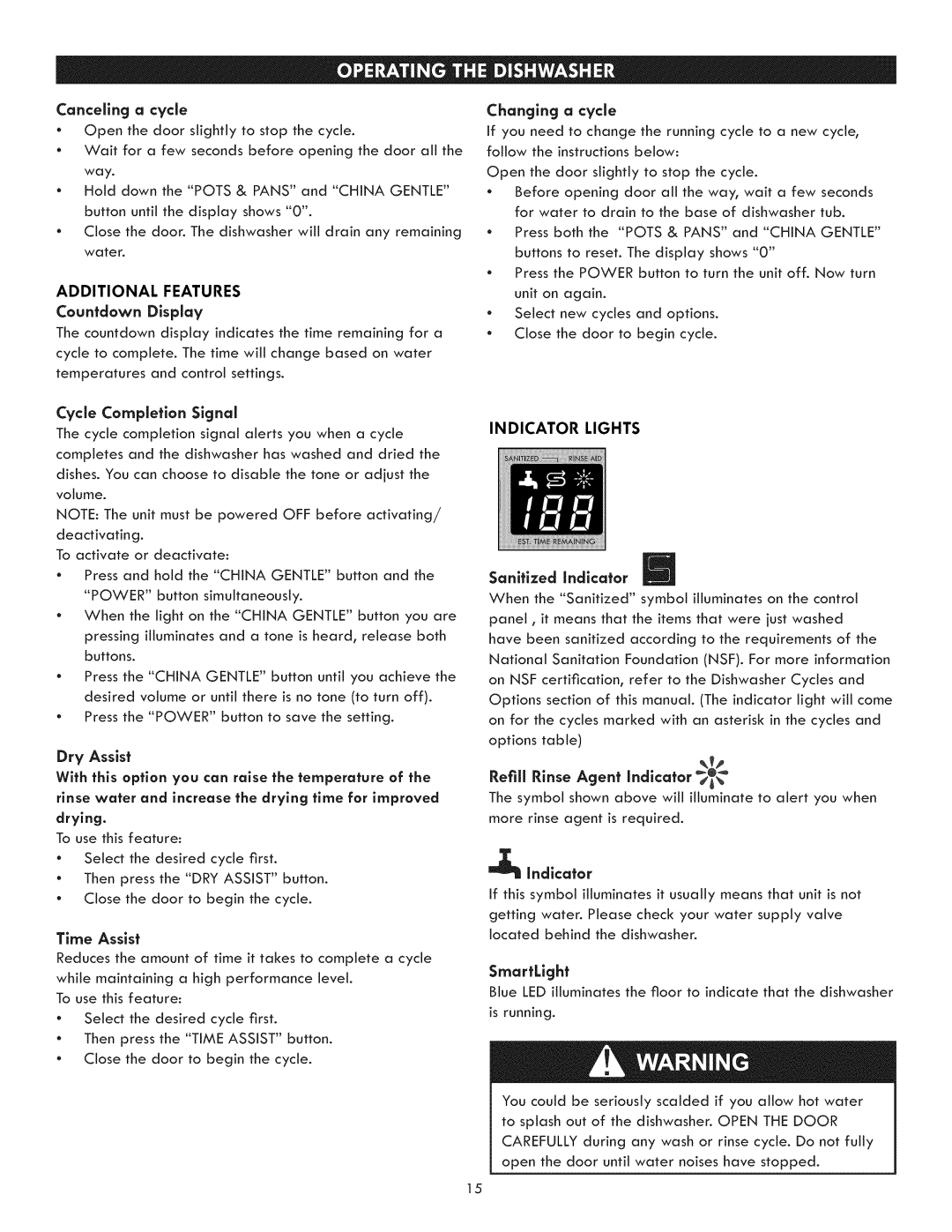 Kenmore 630.1395 Canceling Cycle Changing, Countdown Display, Cycle Completion Signal, Sanitized indicator, Indicator 