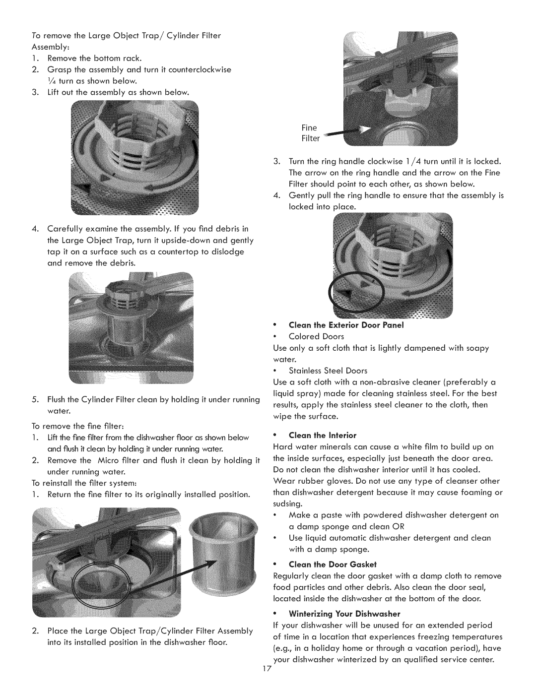 Kenmore 630.1395 manual Clean the Exterior Door Panel, Cleon the Door Gasket, Winterizing Your Dishwasher 