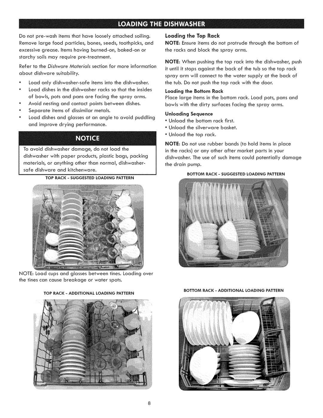 Kenmore 630.1395 manual Loading the Top Rack Loading the Bottom Rack 