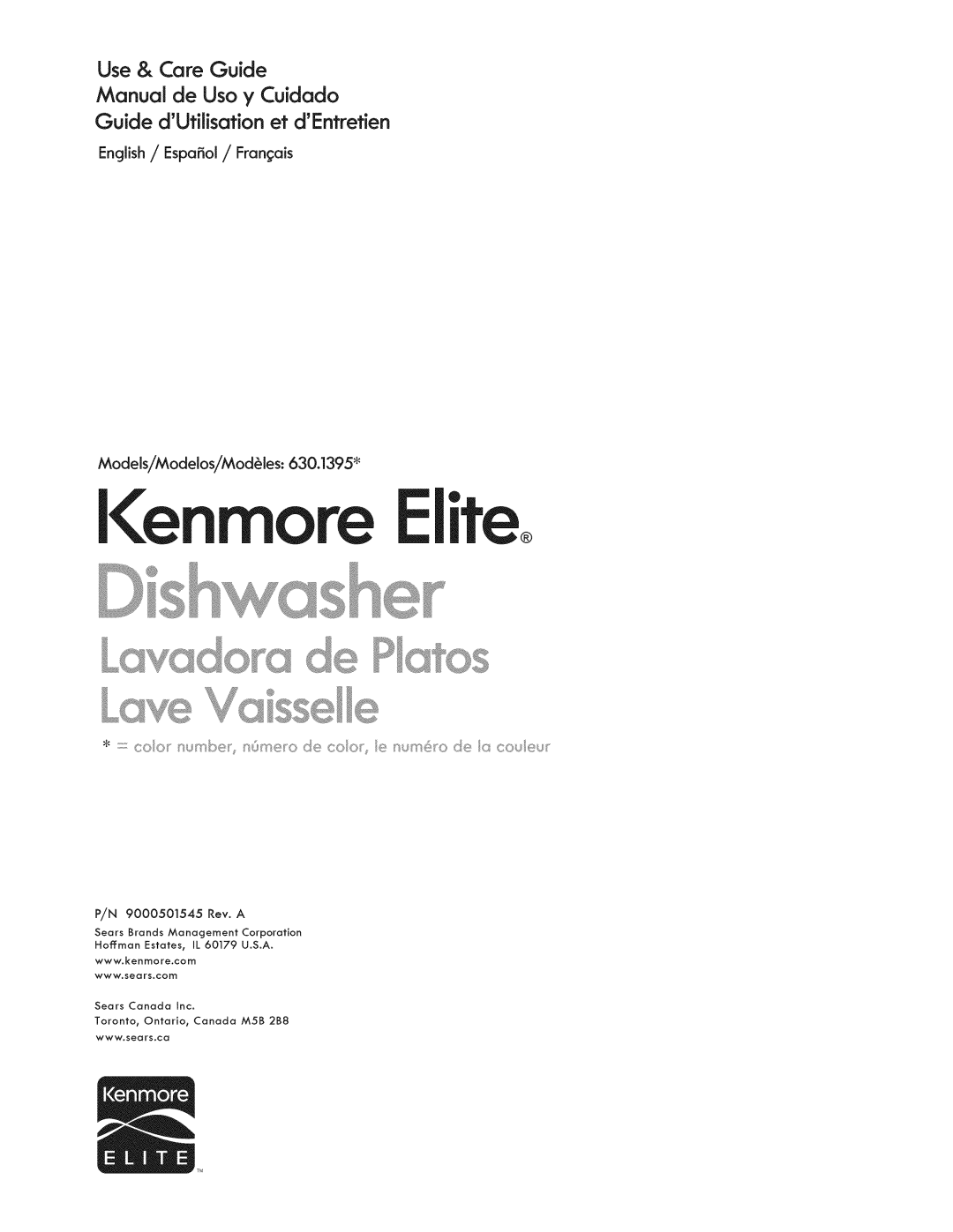 Kenmore 630.1395 manual I enmore Elite, English / EspaSol/Frangais, Models/Modelos/Mod les, www sears com 