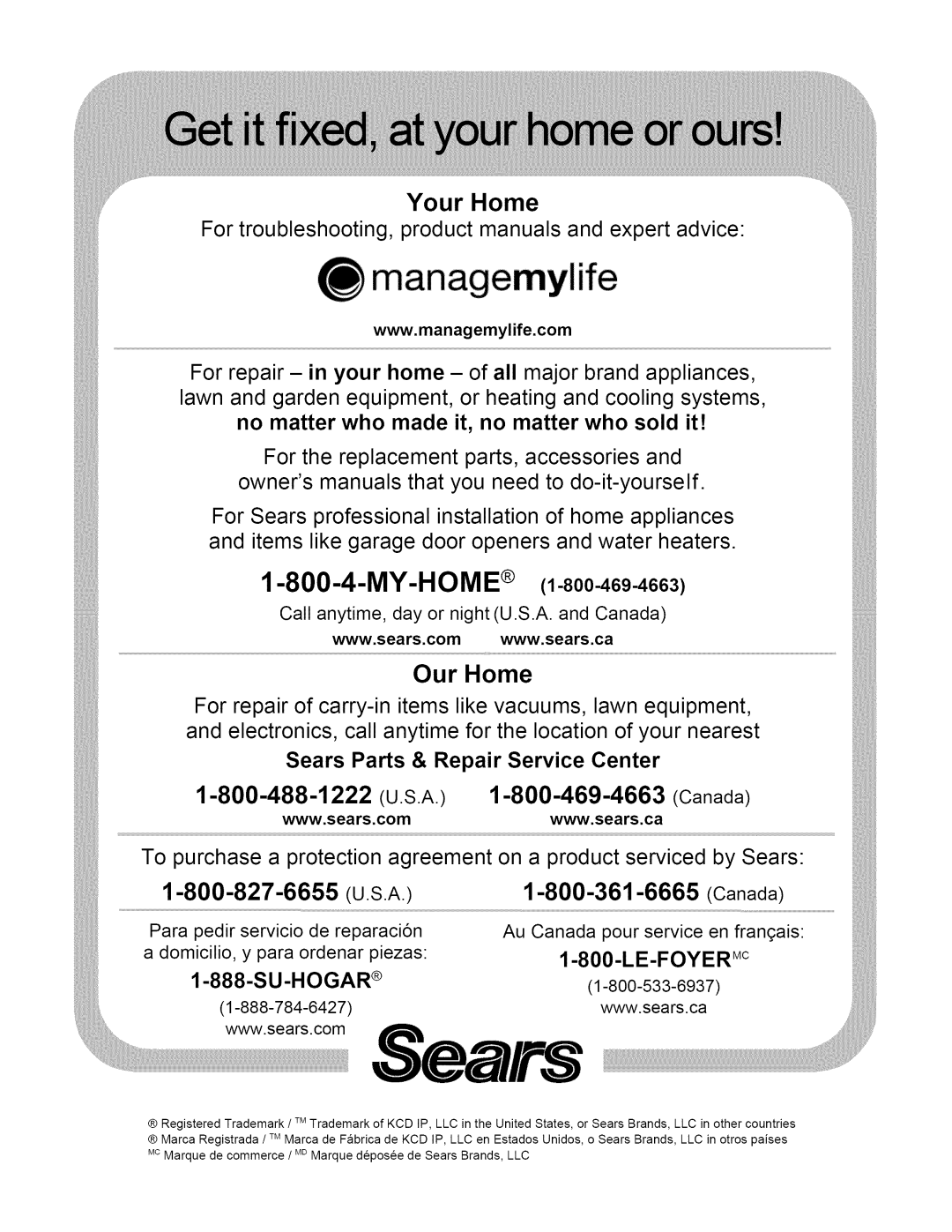 Kenmore 630.1395 manual 0ur H0me, Your Home, Sears Parts & Repair Service Center 