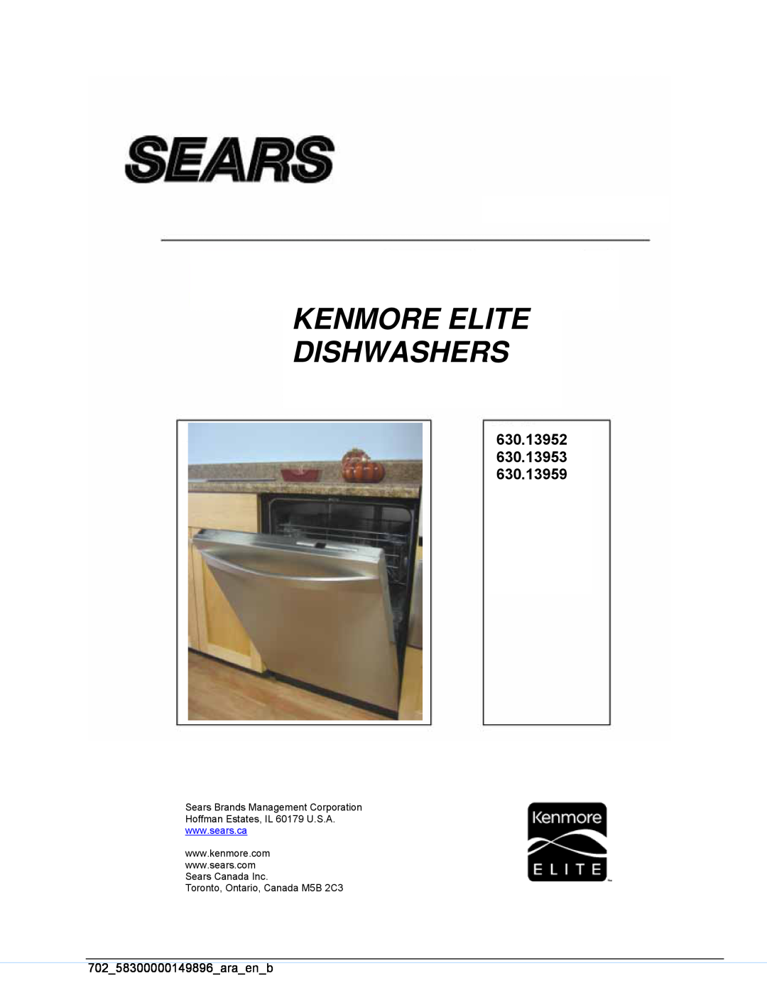 Kenmore 630.13952 manual Kenmore Elite Dishwashers, Sears Brands Management Corporation, Hoffman Estates, IL 60179 U.S.A 