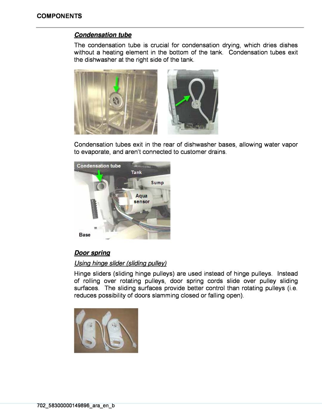 Kenmore 630.13959, 630.13952, 630.13953 manual Condensation tube, Door spring, Using hinge slider sliding pulley 