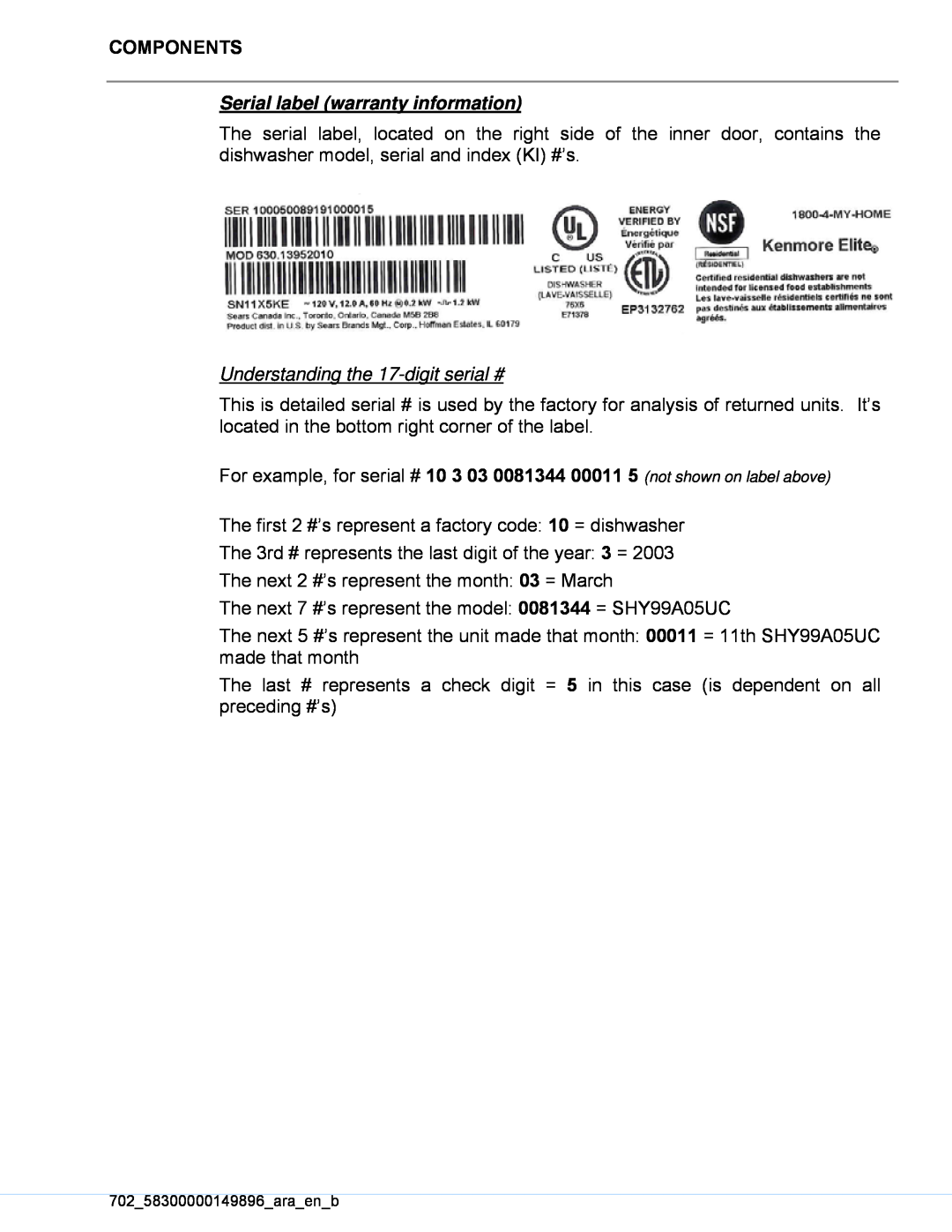 Kenmore 630.13959, 630.13952, 630.13953 manual Serial label warranty information, Understanding the 17-digitserial # 