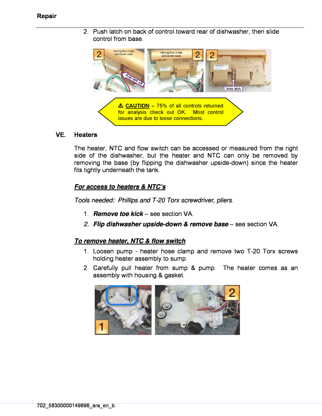 Kenmore 630.13952, 630.13959 manual For access to heaters & NTC’s, To remove heater, NTC & flow switch, Repair, VE. Heaters 