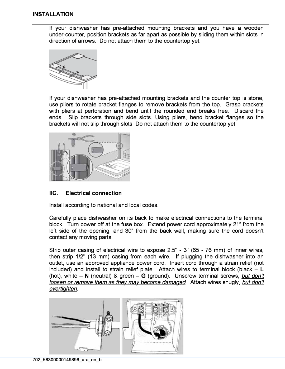 Kenmore 630.13953, 630.13959, 630.13952 manual Installation, IIC. Electrical connection 