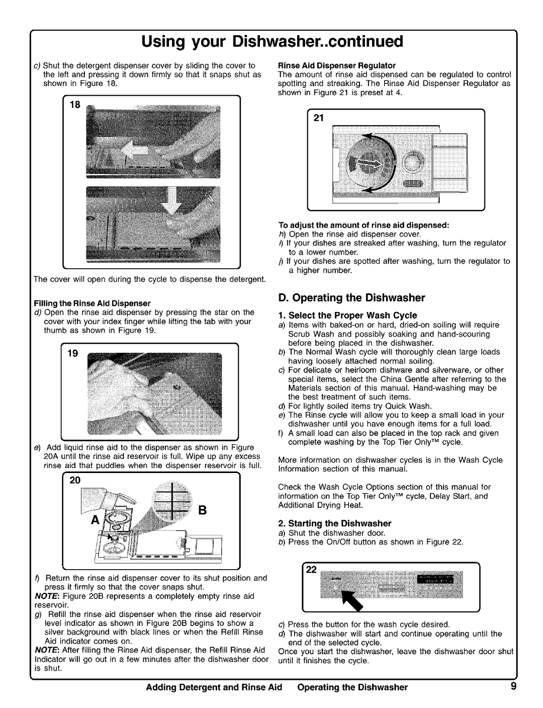 Kenmore 630.1730, 630.1630 manual Adding Detergent and Rinse Aid Operating the Dishwasher 