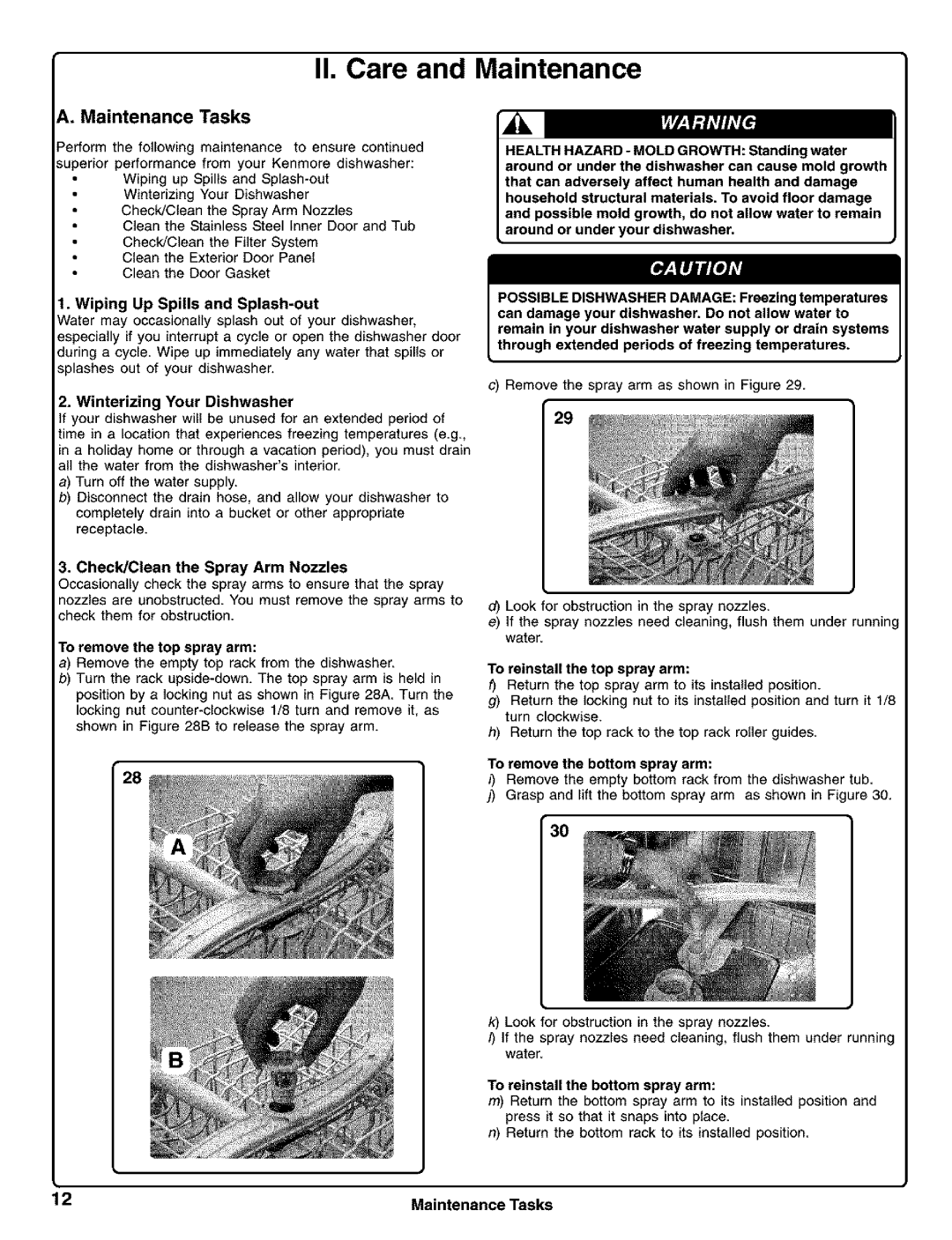 Kenmore 630.1630, 630.1730 manual II. Care and Maintenance, Maintenance Tasks 