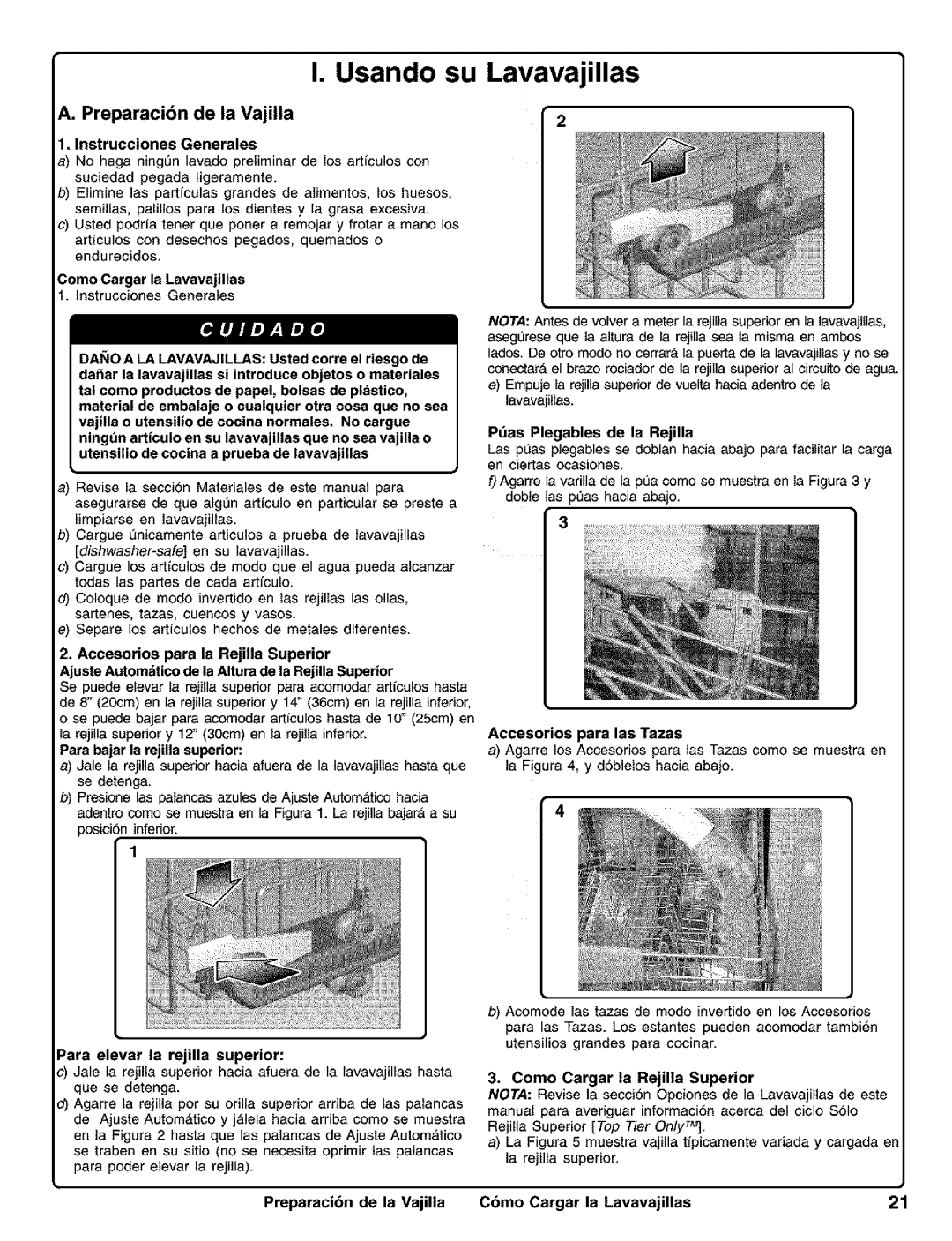 Kenmore 630.1730, 630.1630 manual Usando su Lavavajillas, Preparacibn de la Vajilla Cbmo Cargar la Lavavajillas 