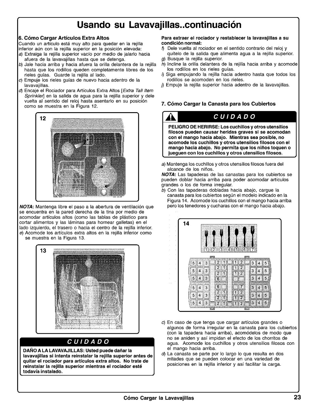 Kenmore 630.1730, 630.1630 manual Usando su Lavavajillas..continuaci6n, Cdmo Cargar la Canasta para los Cubiertos 