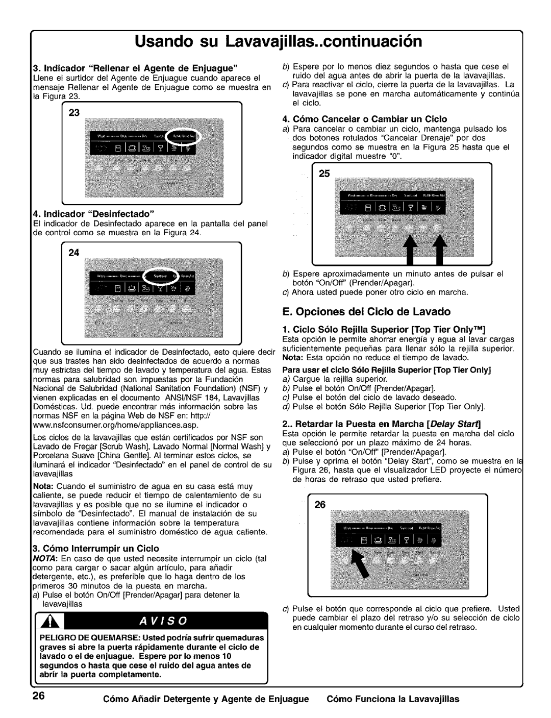 Kenmore 630.1630, 630.1730 manual Opciones del Ciclo de Lavado, Indicador Rellenar el Agente de Enjuague 