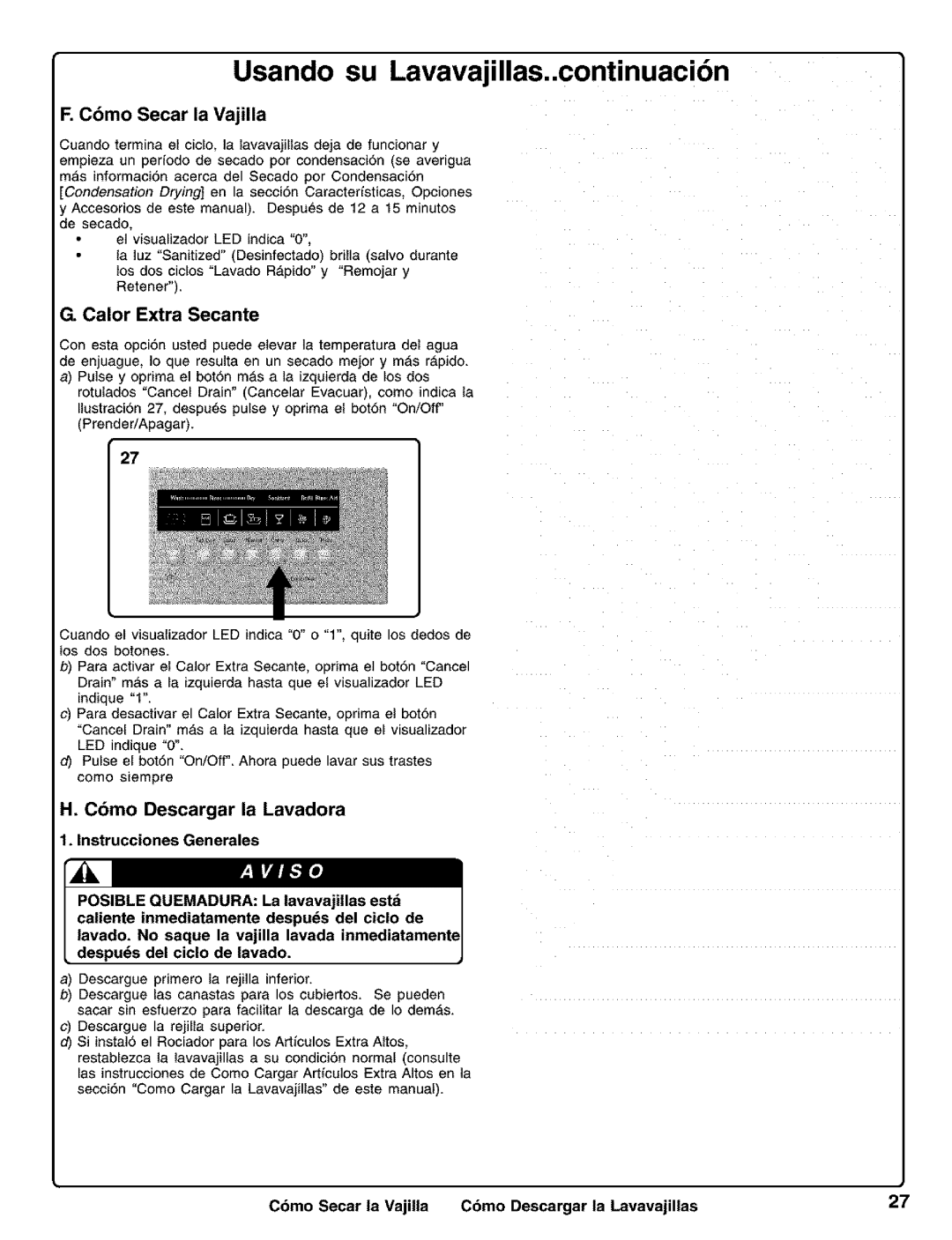 Kenmore 630.1730, 630.1630 Cbmo Secar la Vajilla, Calor Extra Secante, Cbmo Descargar la Lavadora, Instrucciones Generales 