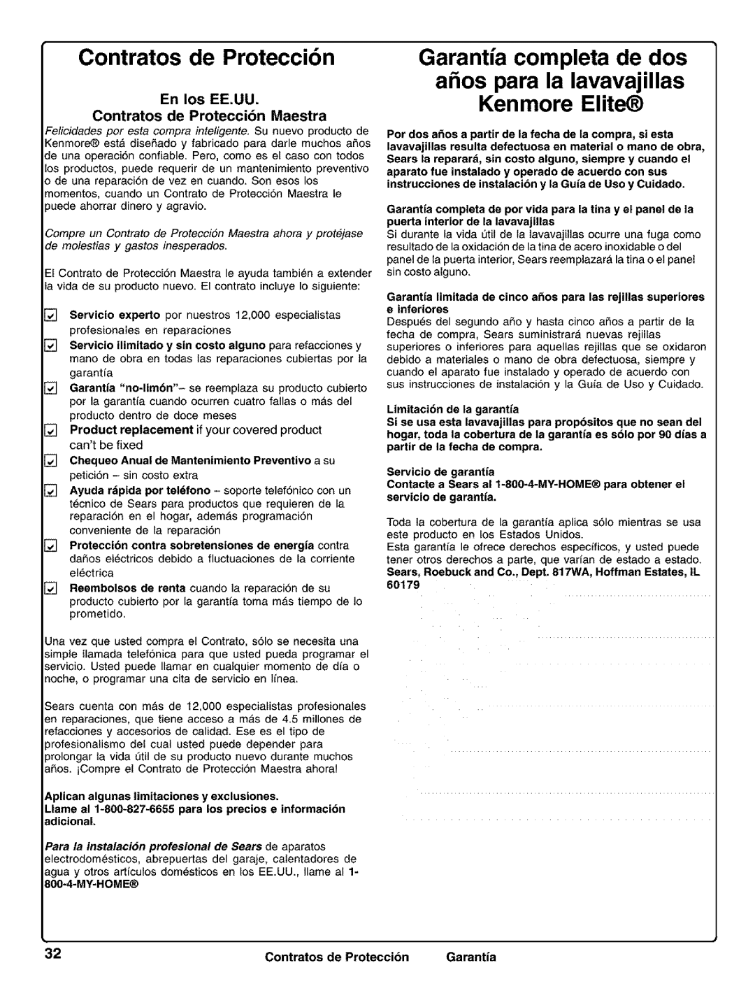 Kenmore 630.1630, 630.1730 manual En los EE.UU Contratos de Proteccibn Maestra, Contratos de Proteccibn Garantia 