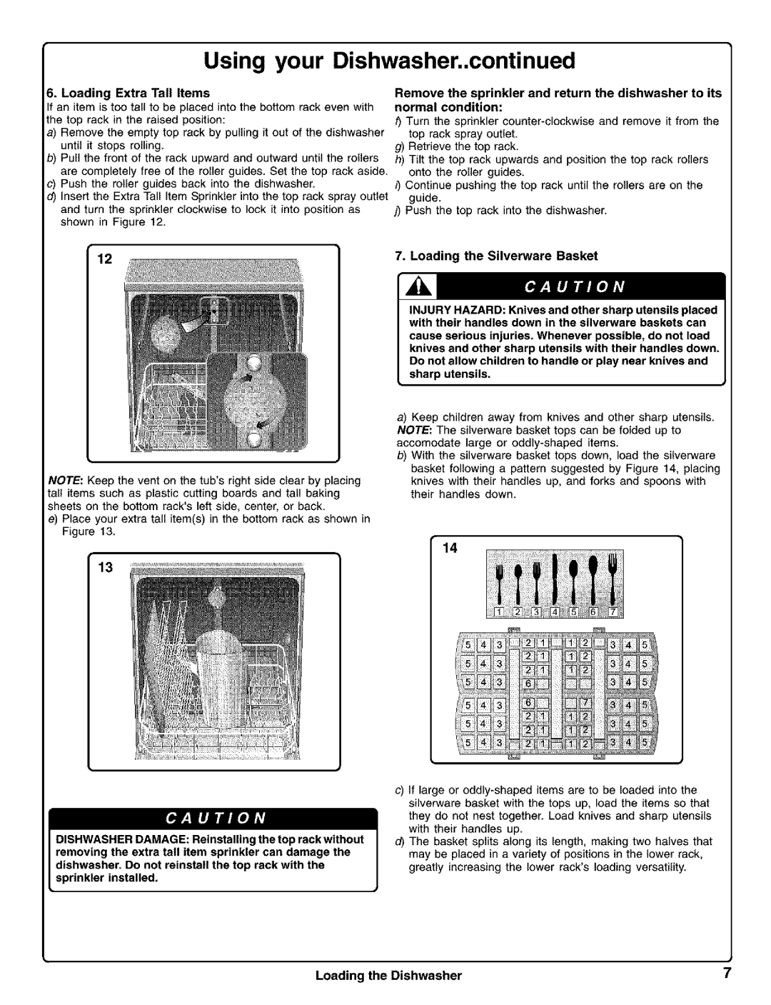 Kenmore 630.1730, 630.1630 manual Loading the Silverware Basket, Loading Extra Tall Items 