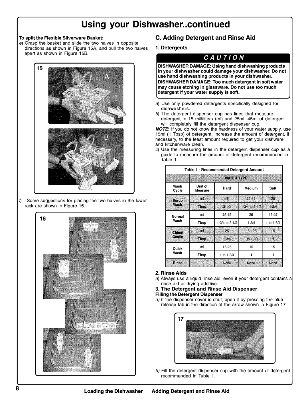 Kenmore 630.1630 manual Adding Detergent and Rinse Aid Detergents, Loading the Dishwasher Adding Detergent and Rinse Aid 