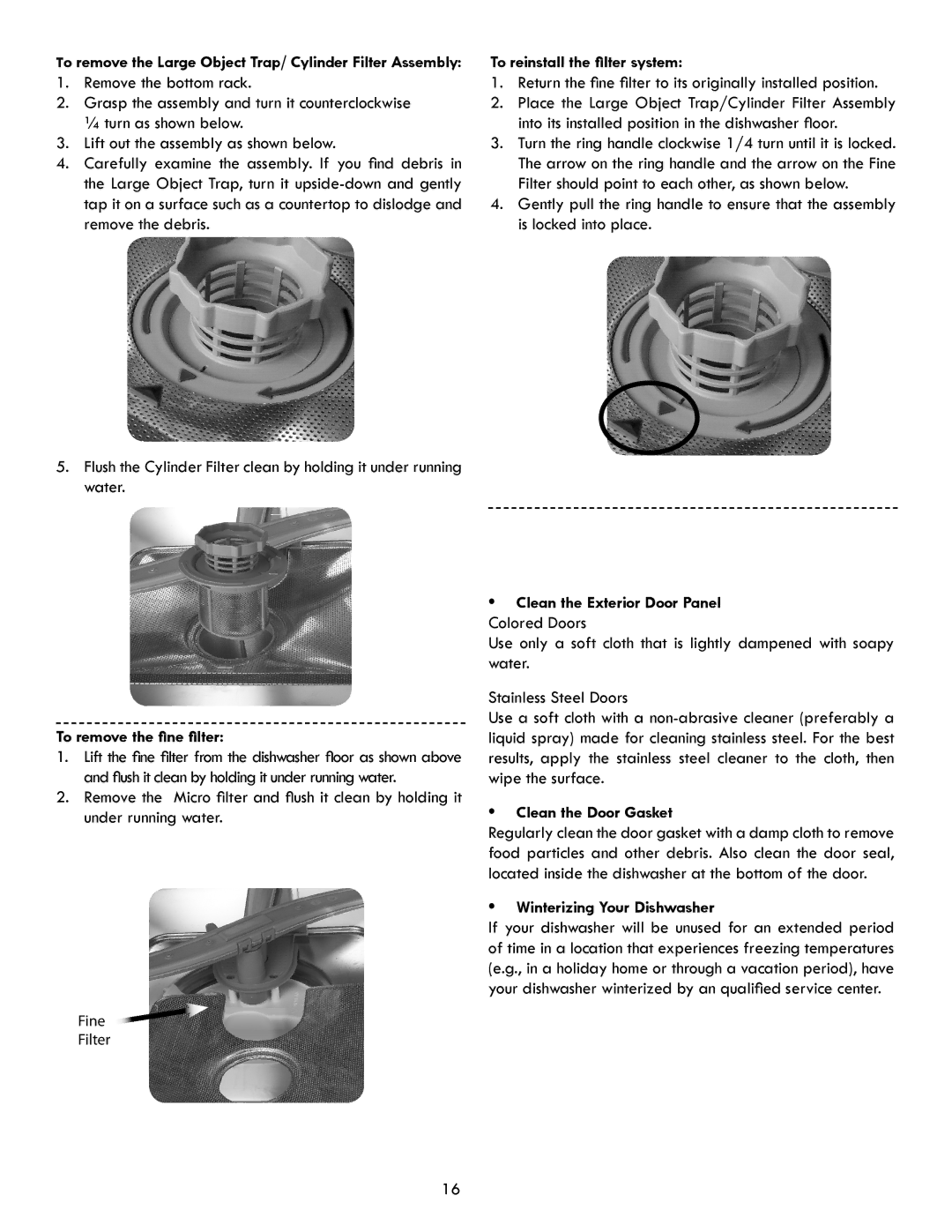 Kenmore 630.7793 manual To remove the fine filter, To reinstall the filter system, Clean the Exterior Door Panel 