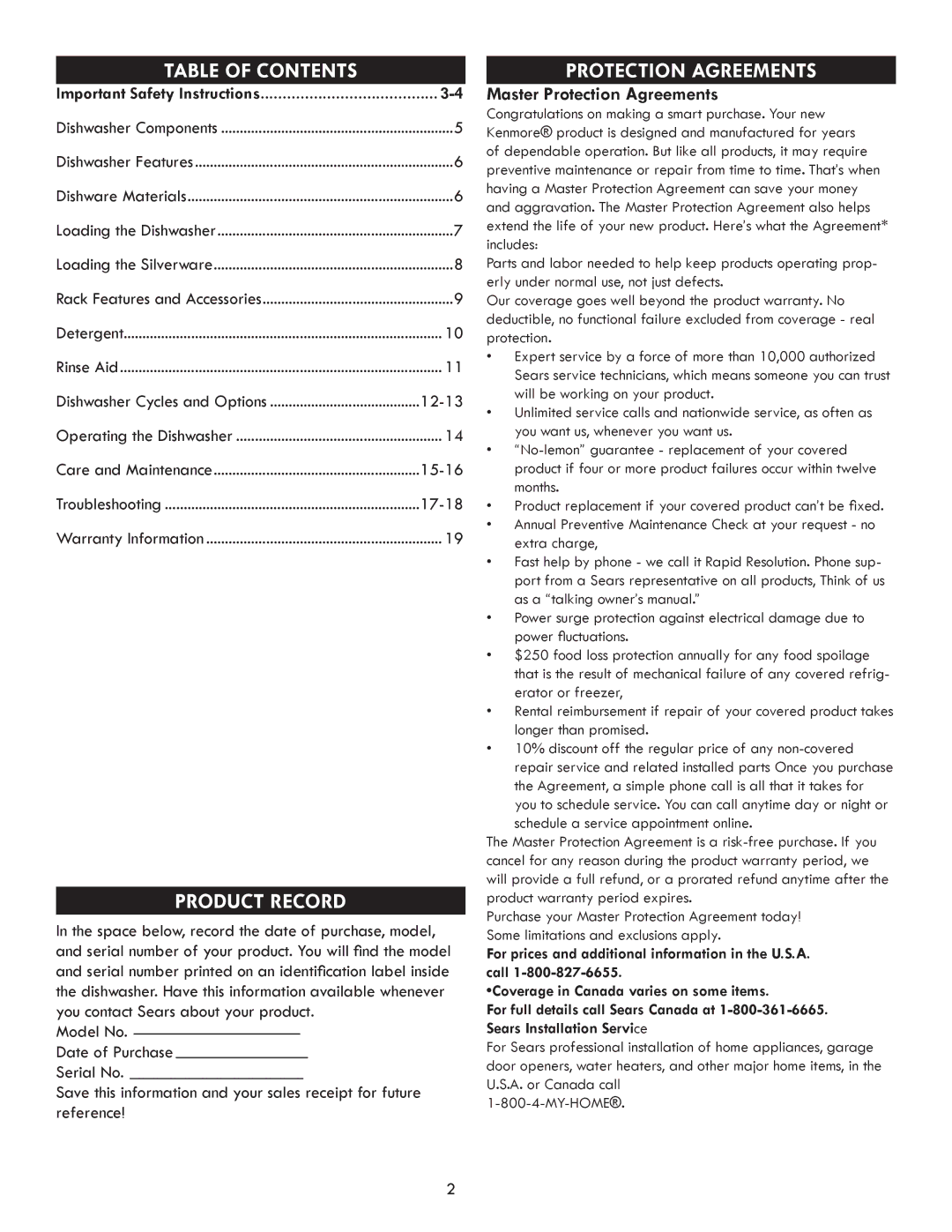 Kenmore 630.7793 manual Table of Contents, Product Record, Protection Agreements 