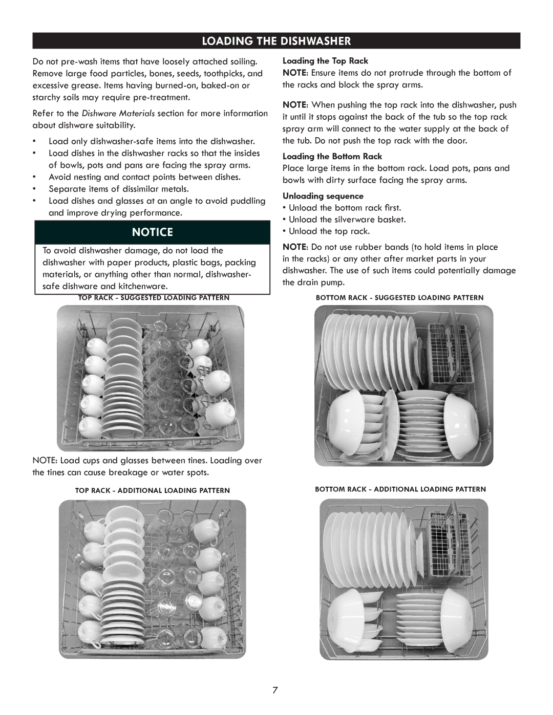 Kenmore 630.7793 manual Loading the Dishwasher, Loading the Top Rack Loading the Bottom Rack, Unloading sequence 