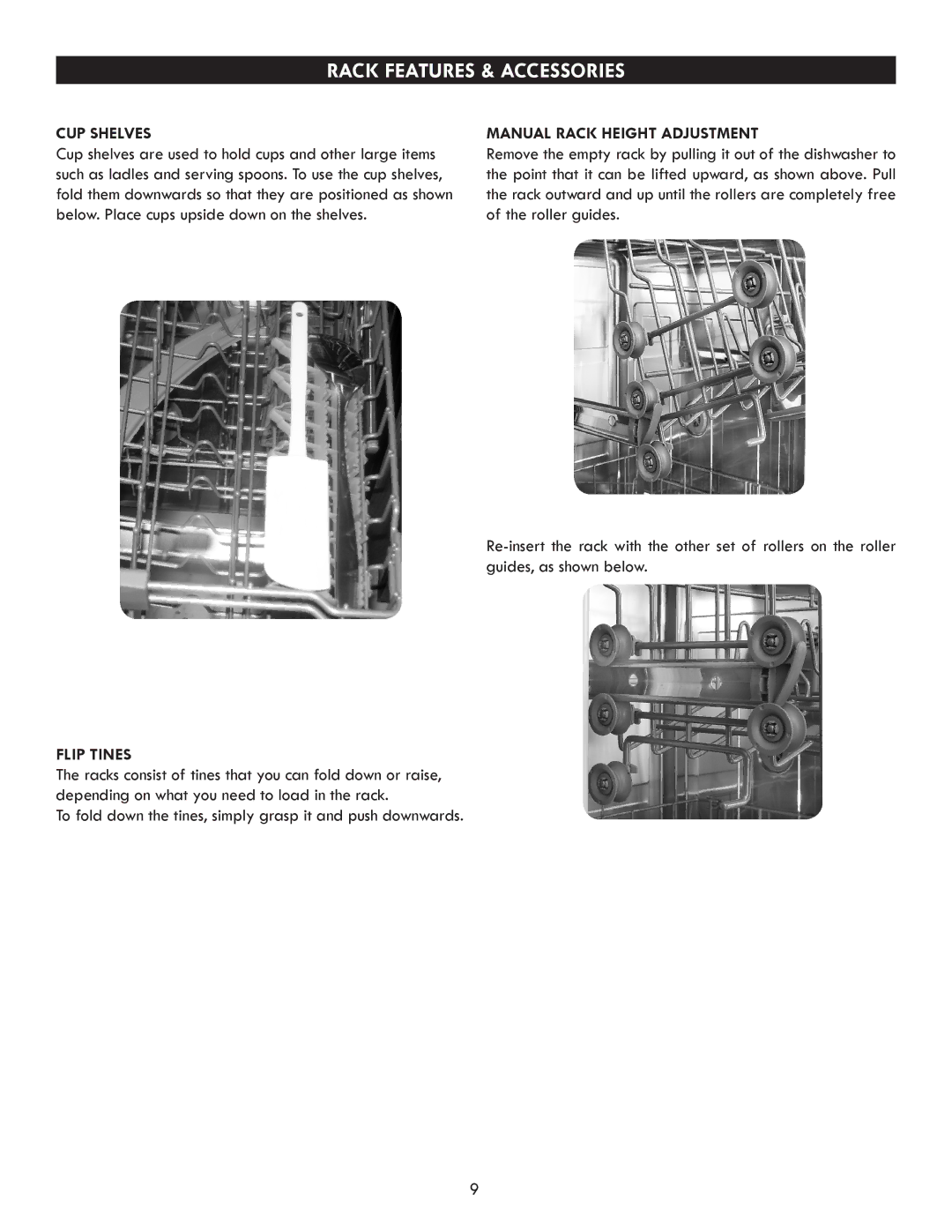 Kenmore 630.7793 manual Rack Features & Accessories, CUP Shelves, Manual Rack Height Adjustment, Flip Tines 