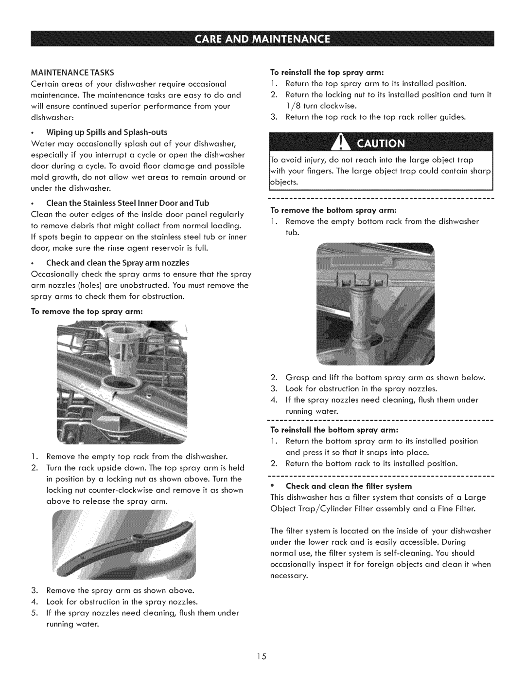 Kenmore 630.7793 manual Maintenance Tasks, To remove the top spray arm, Check and clean the filter system 