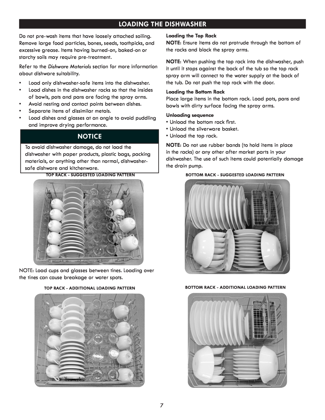 Kenmore 630.7793 manual Loading The Dishwasher, Loading the Top Rack, Loading the Bottom Rack, Unloading sequence 